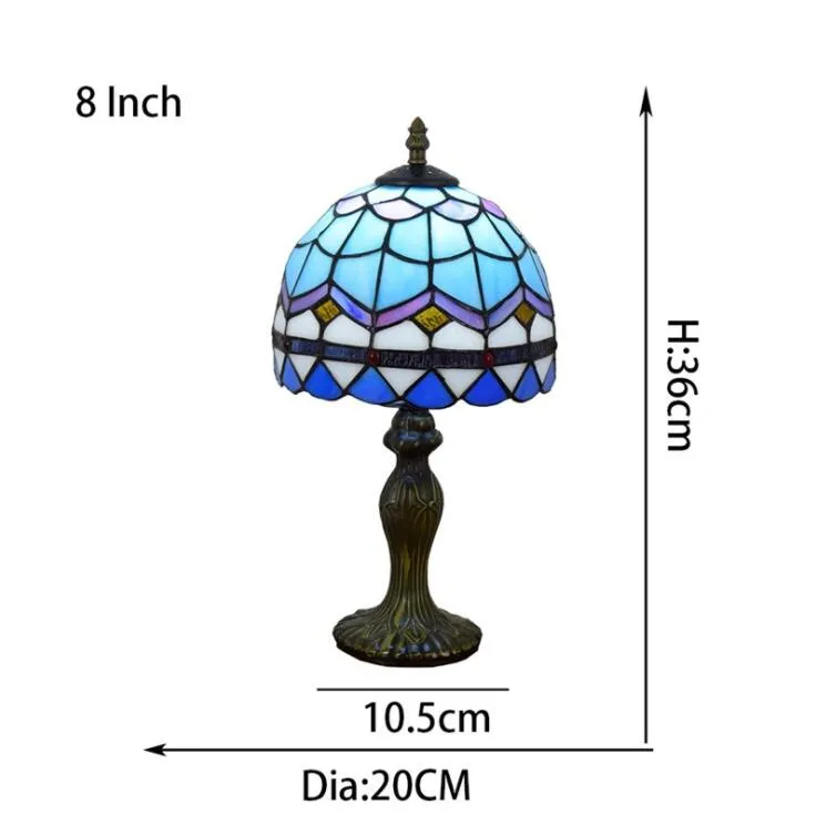 Tiffany bordslampa europeisk pläd blå och vit lampa färgad glas bordslampa kreativ sovrum sängbord ljus 20cm tf002