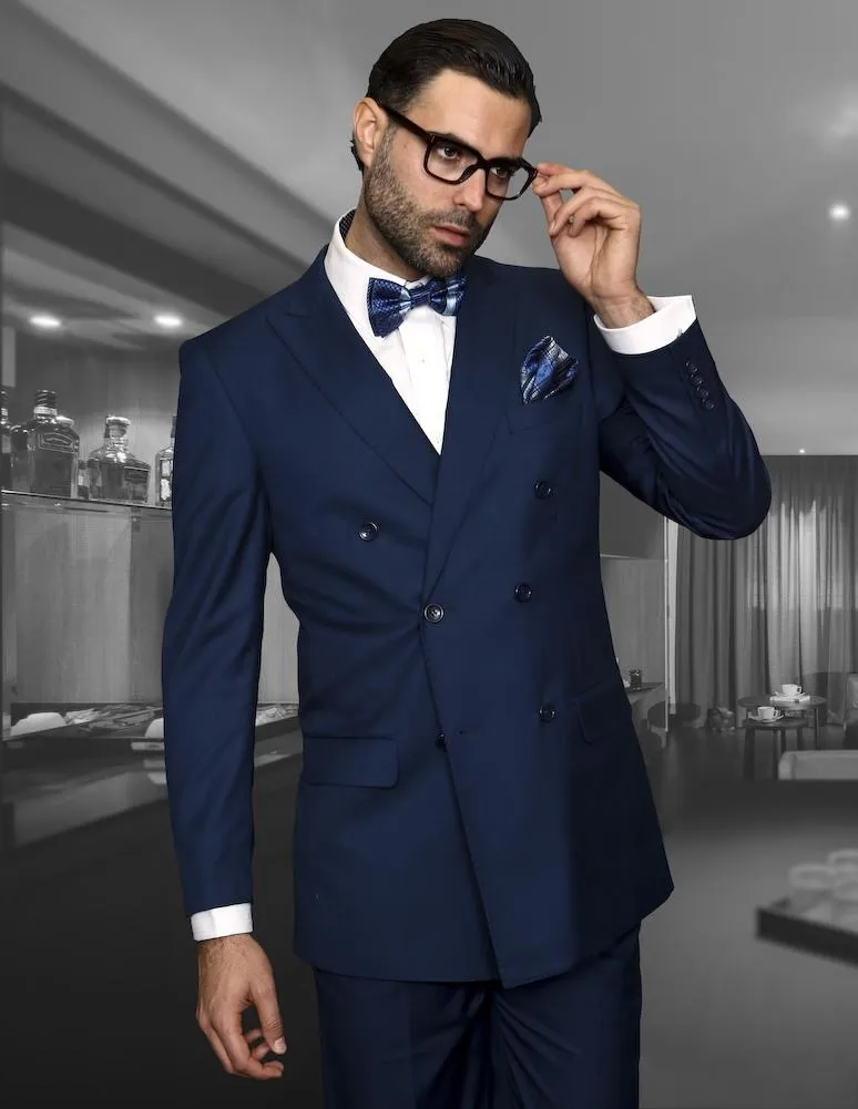 Bonito Duplo Breasted Azul Marinho Noivo Do Casamento Smoking Pico Lapela Groomsmen Homens Ternos Blazer Prom (Jaqueta + Calça + Gravata) NO: 1894