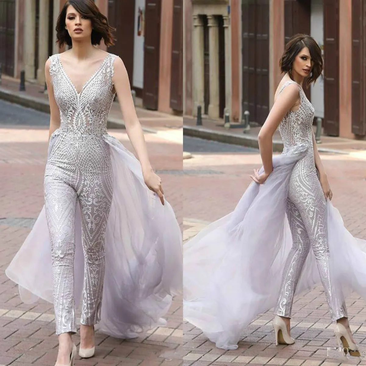 silver women jumpsuits with long train v neck evening dresses floor length lace prom dress custom made arabic formal party gowns