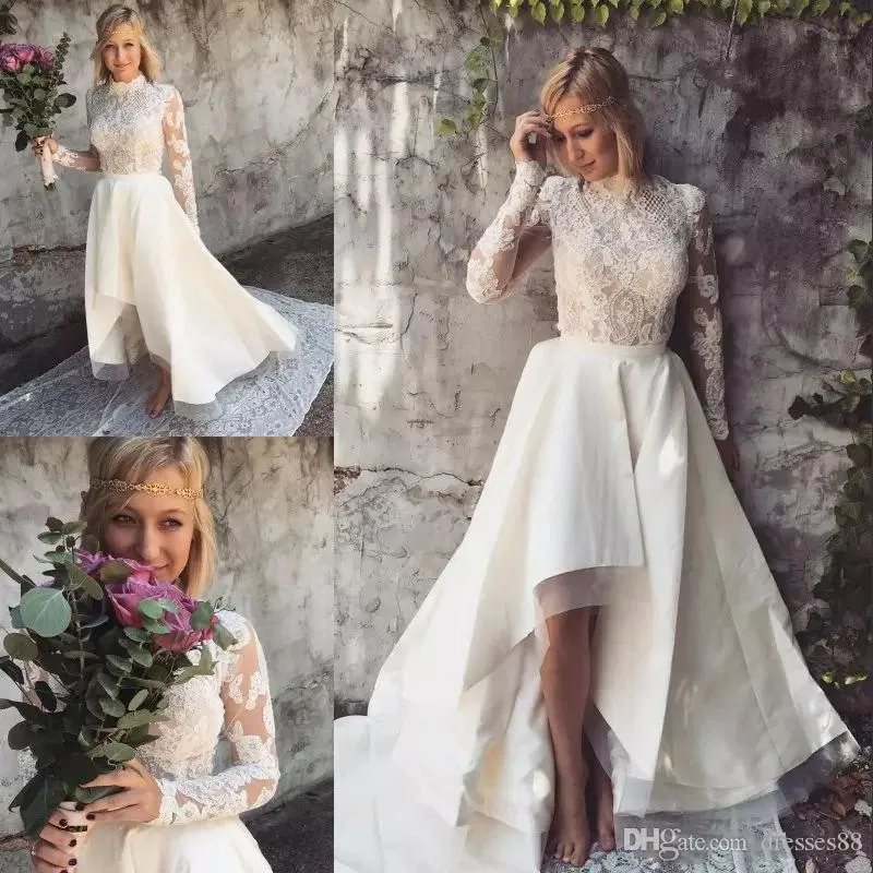 Abiti da sposa eleganti da spiaggia in pizzo alto basso Una linea collo alto Maniche lunghe Abiti da sposa bohemien Raso Taglie forti Boho Vestido De Novia H092