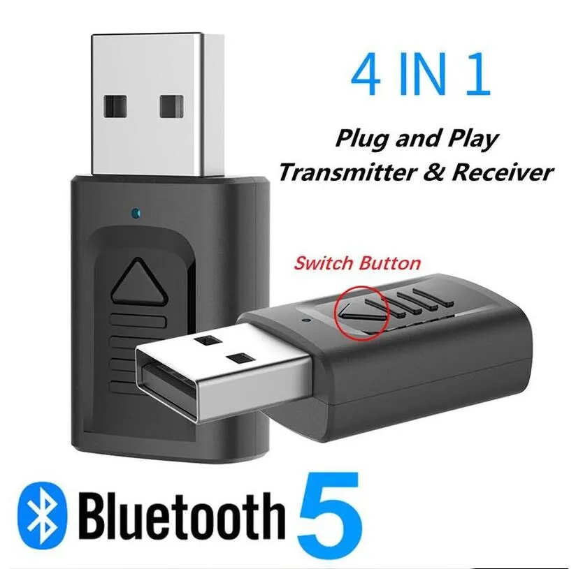 4'te 1 Kablosuz Bluetooth 5.0 Ses Verici Alıcı Taşınabilir Mini AUX, USB Stereo Ses Adaptörü için TV Araç PC Kulaklıklar