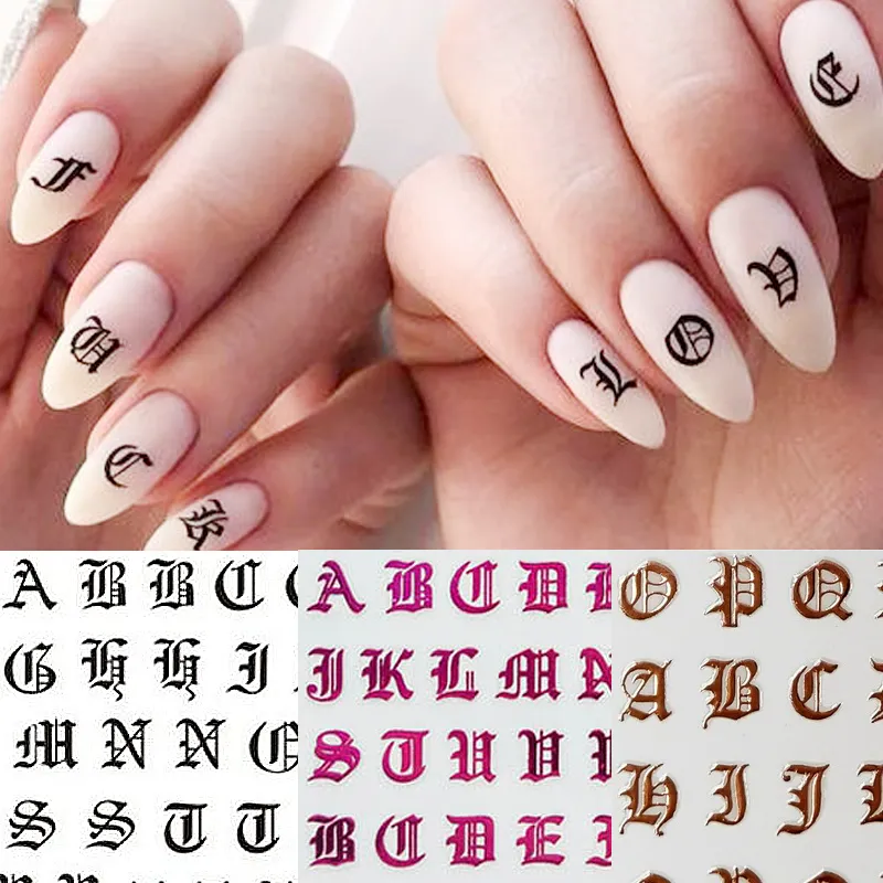 1pc letra gótica de la letra 3D Etiqueta de uñas en 3D Palabras de oro rosa Palabras deslizantes de uñas calcomanías adhesivo adhesivo pegatina consejos manicura arte decoración