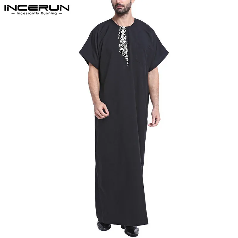 Incerun muslimska kaftan män tryckt kort ärm vintage kläder dubai saudiarabien islamisk lös o nack män jubba tobe plus size285j