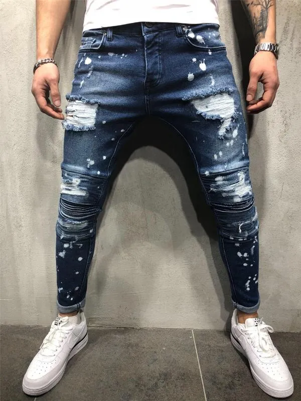 Jeans män sträckta biker rippade denim jeans för män med pläterad vit punkt streetwear byxor distressed pantalones hombrre