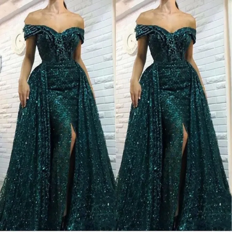 2020 Yousef aljasmi lantejoulas Mermaid Evening vestidos longos overskirts Side Dividir Alças Prom Vestidos Side Dividir Pageant Partido Vestidos