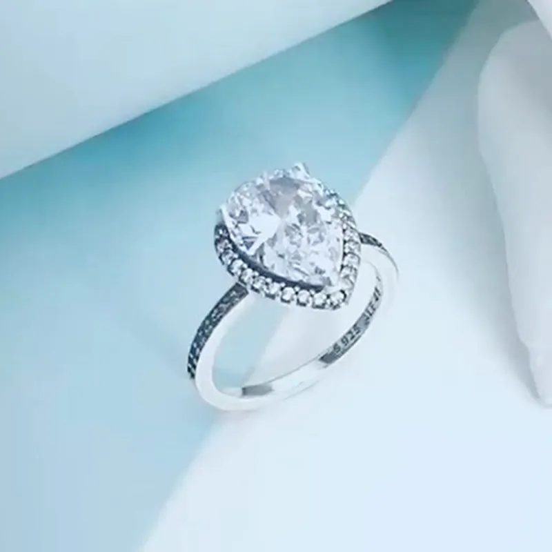 Grande anel de casamento de diamante cz prata esterlina 925 de alta qualidade para pandora anel de lágrima brilhante com caixa original joias femininas