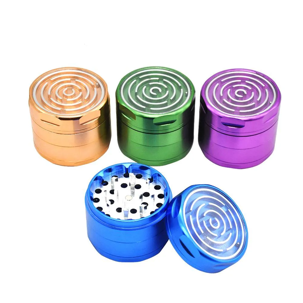 Aluminum Smoking Herb Grinders With Maze Game Window 63MM 4 Piece CNC Diamond Teeth Metal Tobacco Pollen Spice Crucher Maze Game Grinder