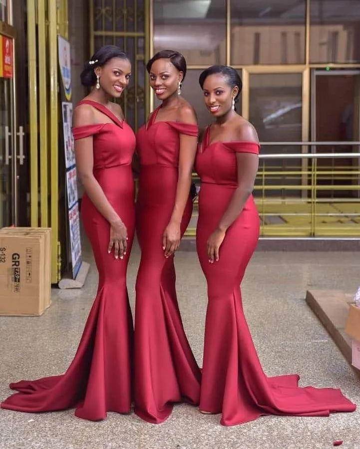 2020 Red New Nigerian African Bridesmaid Dresses for Black Girls Floor Length Formal Maid Of Honor Dress Wedding Party Gowns Vestidos