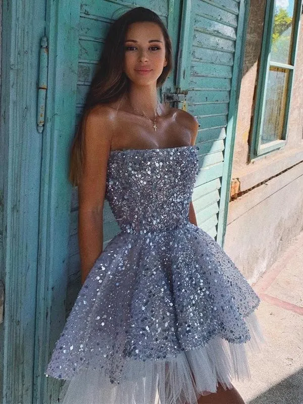 Sequined Short Party Dresses Strapless Mini Cheap Prom Dress Tiered Tulle Custom Made Cocktail Evening Gowns Club Wear vestidos formales