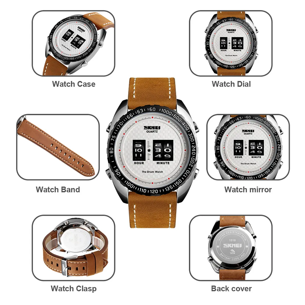 SKMEI 1516 Men s Leather Watch Black Waterproof Sport Outdoor Quartz Army Style