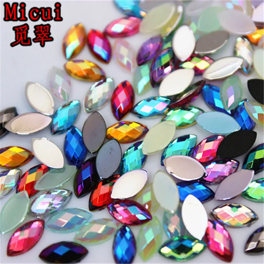 Micui 500pcs 4*8mm Mix Color Horse eye Rhinestones Flat Back Acrylic Gems Crystal Stones Non Sewing Beads for DIY Clothes ZZ730