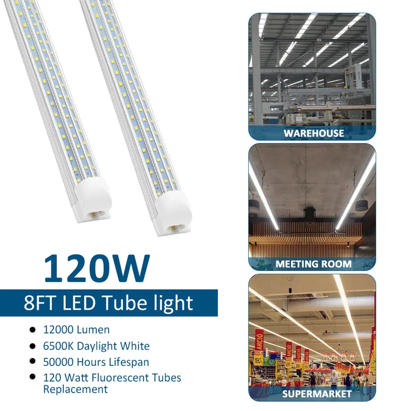20 piezas Luz LED superbrillante para tienda de 8 pies, tubo de luz LED con accesorio integrado de 120W, luces de tubo conectables de filas triples de 8 pies para almacén de garaje