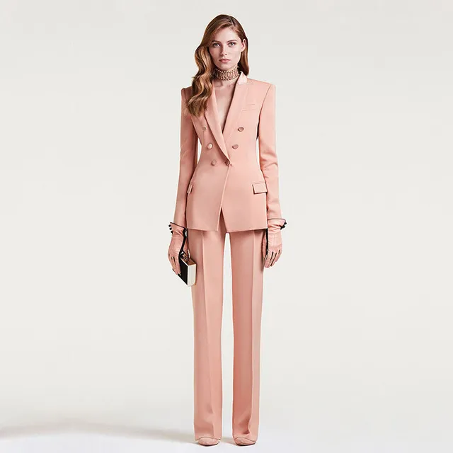 Women Business Suits Double Breasted Female Office Uniform Ladies Formal Trouser Suit Flesh Pink 2 Piece Set