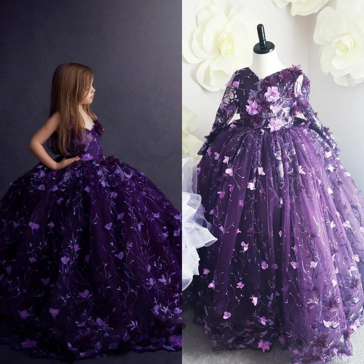 2020 년 결혼식 V 넥 레이스 3D 꽃 아플리케 볼 가운 유아 여자 생일 드레스 선발 대회 가운을위한 새로운 보라색의 꽃의 소녀 드레스