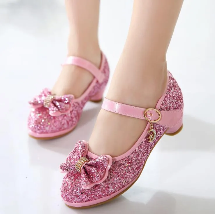 Prinzessin Kinder Lederschuhe für Mädchen Blume Casual Glitter Kinder High Heel Schmetterling Knoten Kleid Party Schuhe Blau Rosa Silvr