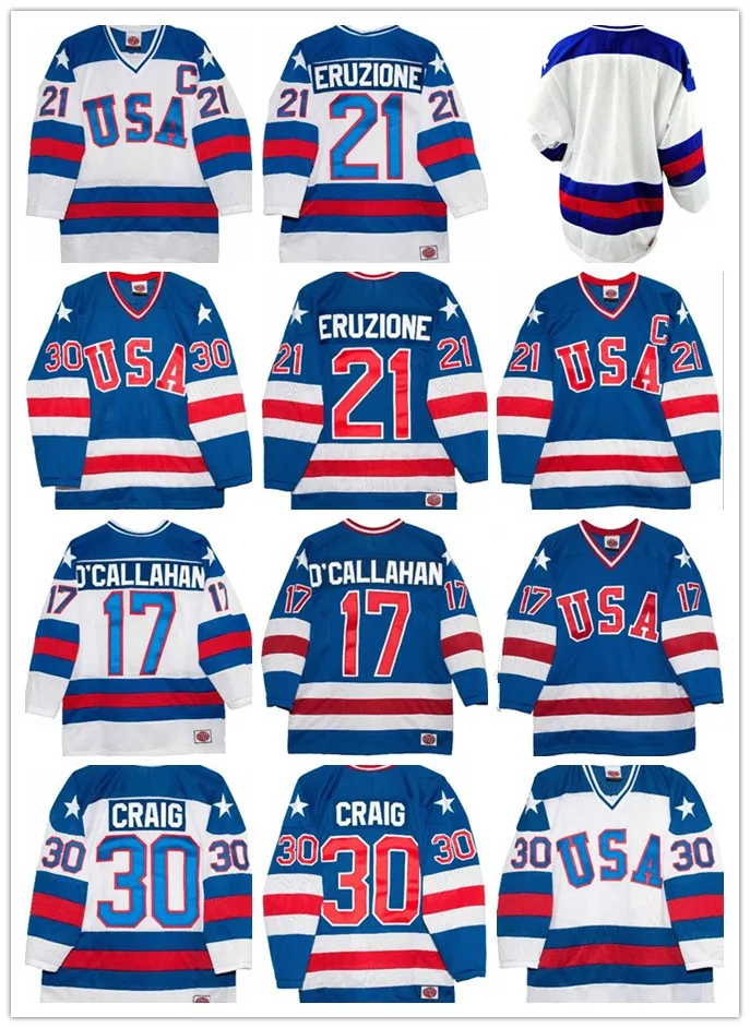 1980 فريق هوكي الولايات المتحدة الأمريكية 30 Jim Craig 21 Mike Eruzione 17 Jack O'Callahan 1980 Year Miracle USA Vintage Hockey Jersey White Blue S-3XL