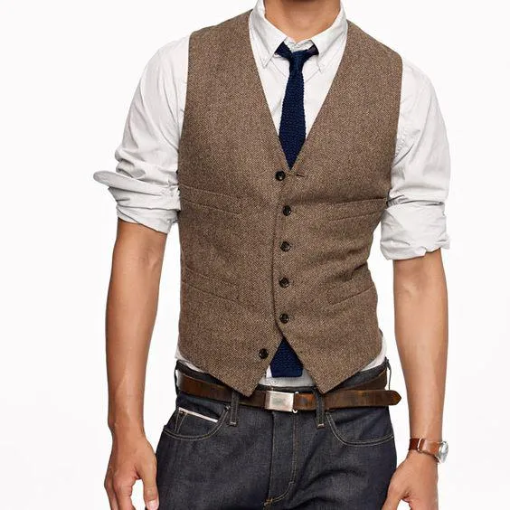 Custom Wedding Waistcoat Vintage Brown Tweed Vest Wool Herringbone Groom Vests British Style Mens Suit Vests Slim Fit Mens Dress Vest