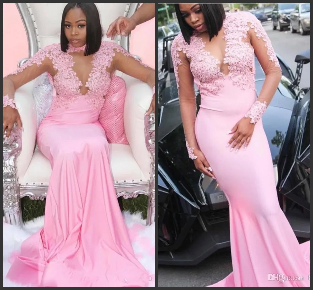 Vestidos de noite elegantes gola alta sereia preto Menina Prom Dresses 2020 Pink Party cetim manga comprida New Africano Ocasião Vestidos Beads especiais