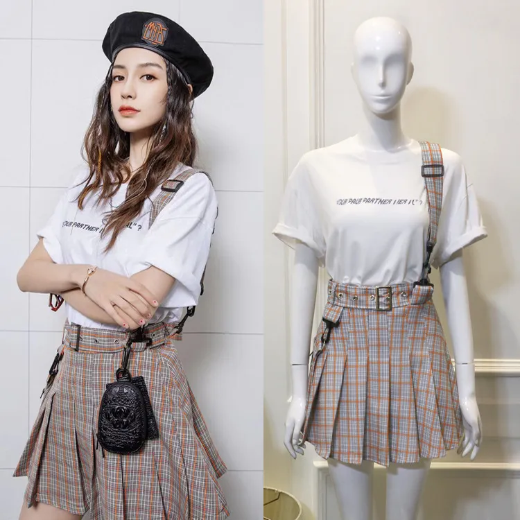 Baby Tide Partner Yang Ying Same Paragraph White Printed T-shirt Strap Pleated Plaid Skirt Waist Female Short Paragraph