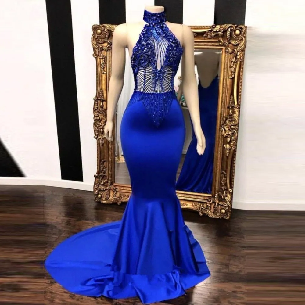 Royal Blue Beaded Backless Prom Dresses Halter Neck Mermaid Evening Gowns Plus Size Sweep Train Satin Formal Dress