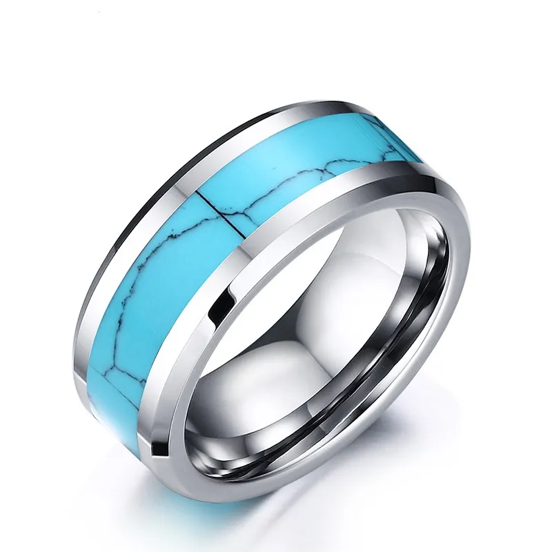 8MM High Quality Fashion Simple Men's Rings Tungsten Steel Turquoise Ring Jewelry Gift for Men Boys J023
