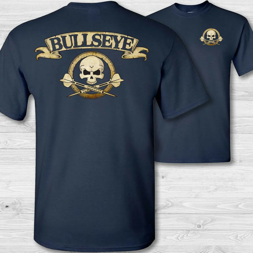 Darts Crossbones Tシャツ、Bullseye Skull Shirt、スローダーツバッジティーシャツ両面