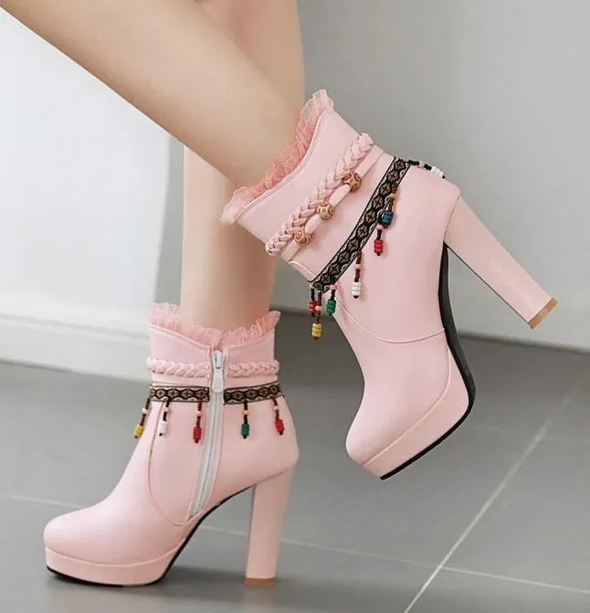 Plus size 32 33 34 to 40 41 42 43 44 sweet flounce platform thick heel ankle booties designer boots pink white black
