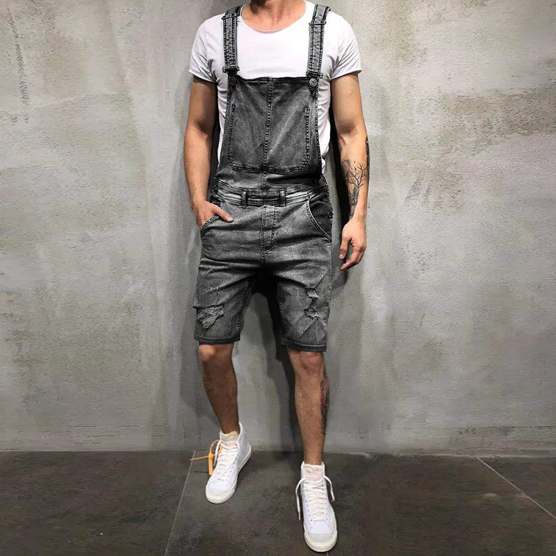 Oversized Mannen Gescheurde Jeans Jumpsuits Korte Broek Zomer Street Style Verontruste Denim Bib Overalls Jarretel Korte Pants319S