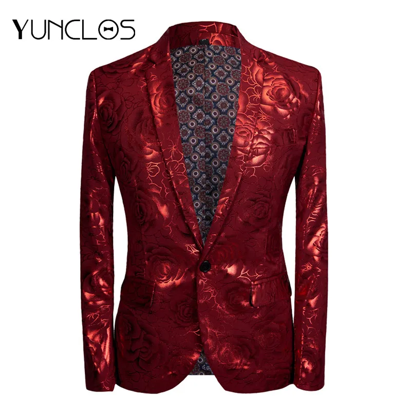 Yunclos 2019 Мужчины Slim Fit Blazer Мода Свадьба Куртки Мужская Элегантная Роза Печать Blazer Куртки Мульскулино