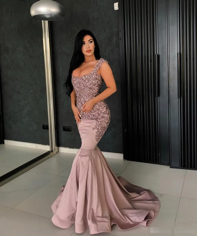 Dusty Rose Lace Appliques Bead Mermaid Prom Party Dresses 2019