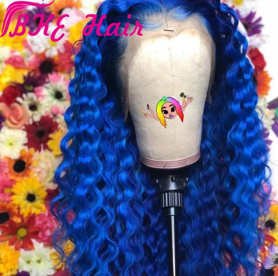 Blue human hair water wave lace part wig Blue Lace Front Wig: Brazilian Water Wave 13x4 Transparent  main image 2
