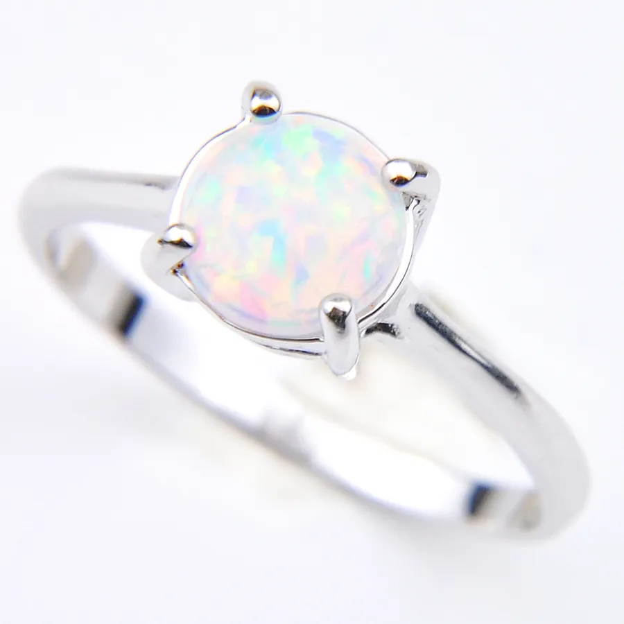 Großhandel Urlaub Schmuck Geschenk Runde weiße Feueropal Edelsteine 925 Sterling Silber Mode Frau Solitär Ring US-Größe 7-8