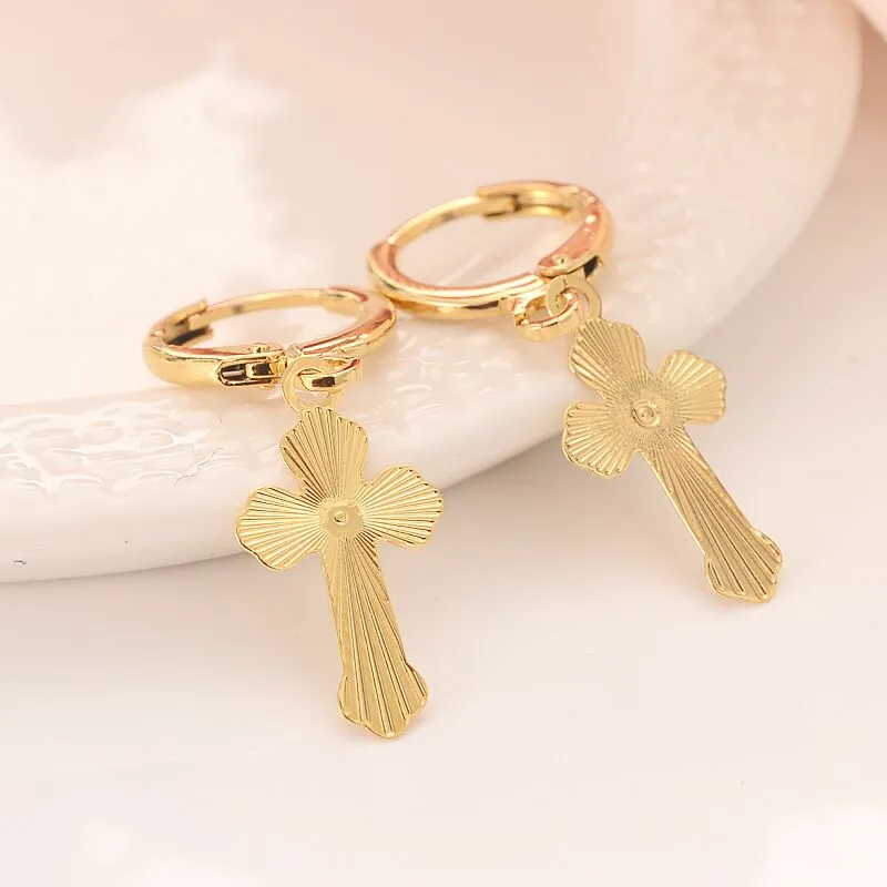 Wide Quality 9ct Gold GF Sleeper Hoop Dangle Earring With Cross