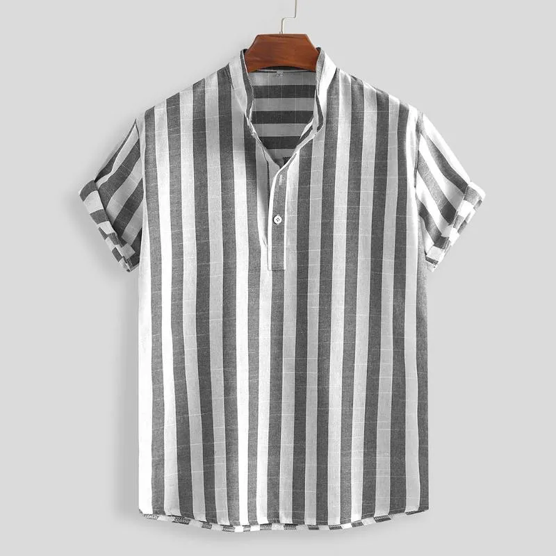 Hommes chemise rayé coton lin été Blouse hommes hauts col montant lâche manches courtes décontracté boutons chemise Baggy rétro Camisa