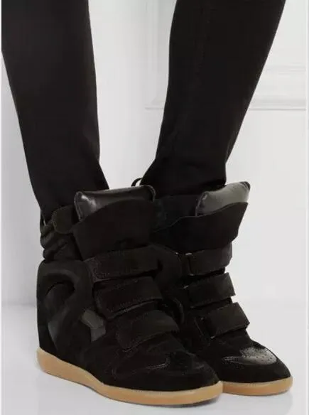 Hot Sale-Black Genuine Leather Isabel Bekett Leather-trimmed Suede Wedge Sneakers Women Marant Fashion Show Paris New Shoes