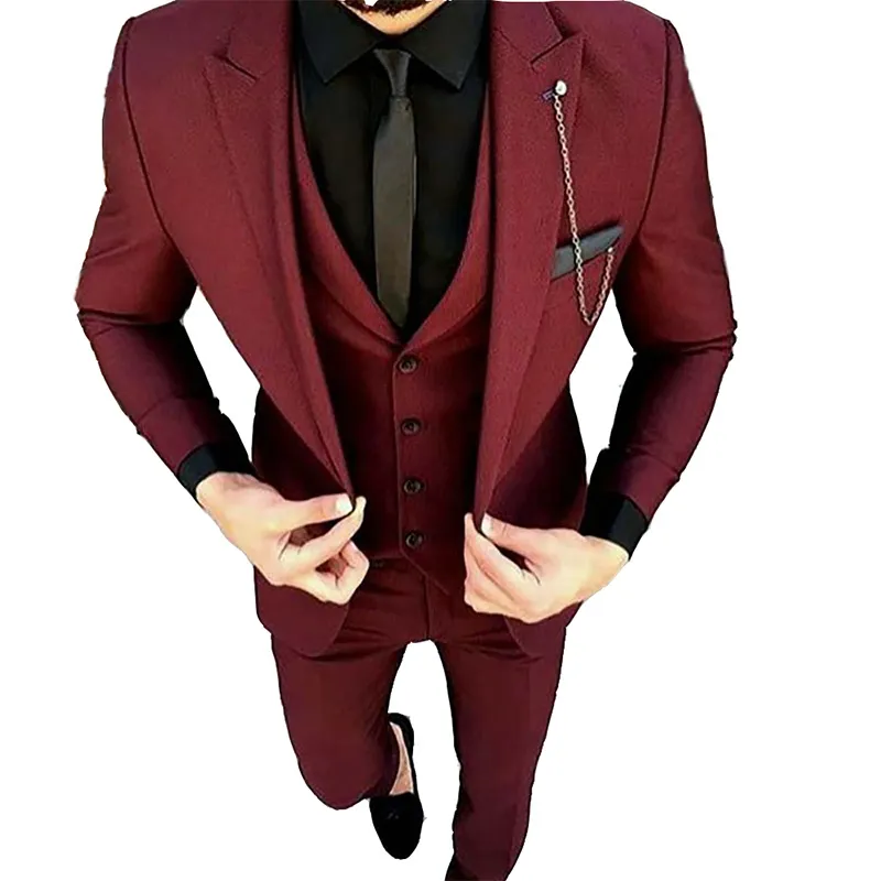 2019 Borgonha Vermelho Ternos Dos Homens para o Casamento Slim Fit Noivo Smoking Blazer Homens Jaqueta Groomsmen Terno Dos Homens Com Calças Prom Party Vest