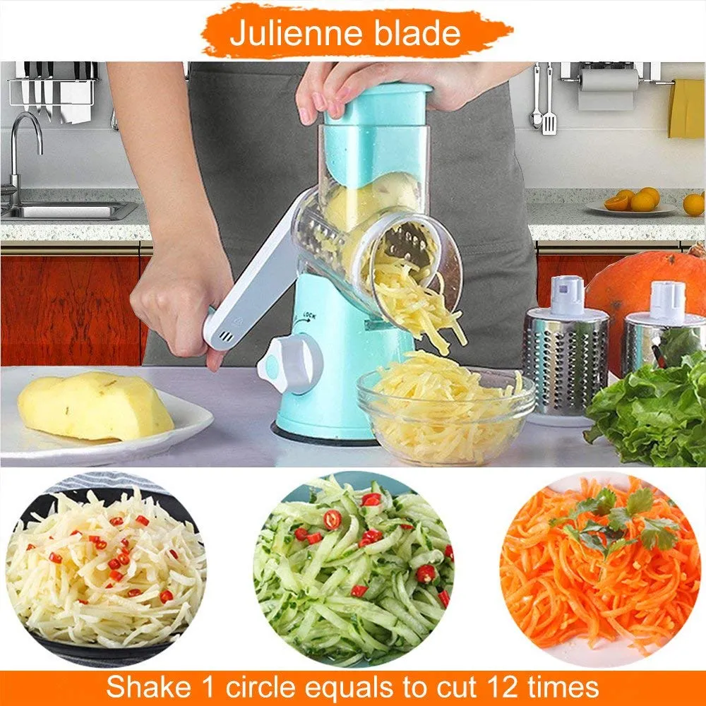 3 in 1 Multifunctional Vegetable Cutter & Slicers Hand Roller Type Square Drum Vegetable Cutter with 3 Blades Removable Easy to Clean, Blue