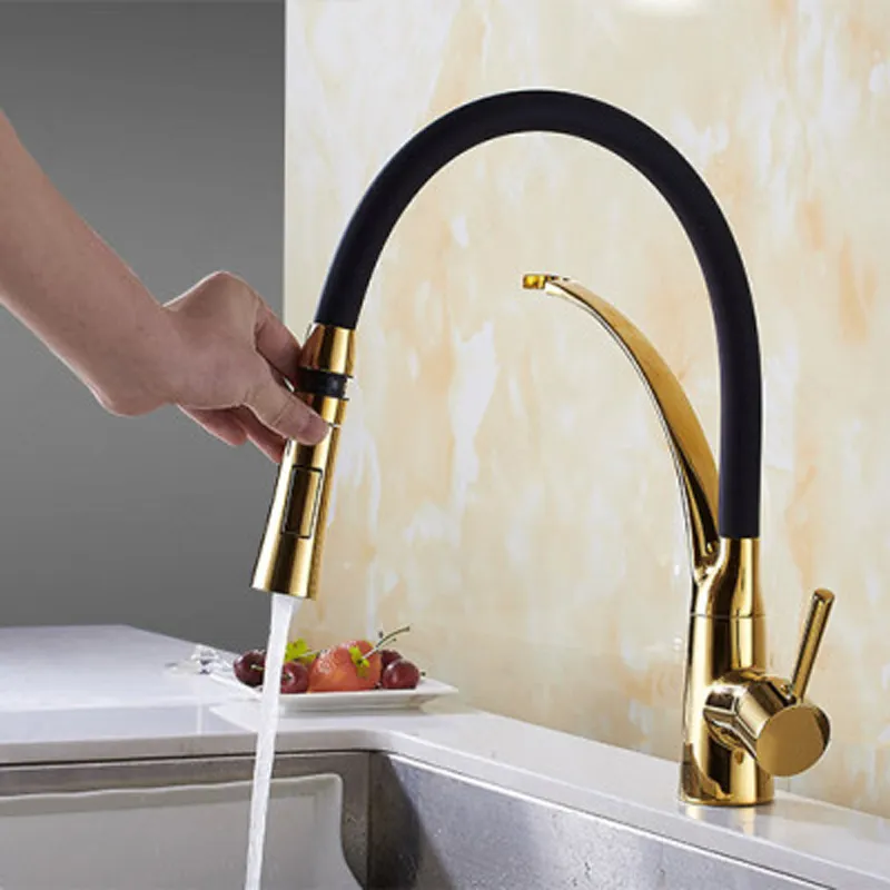 Modern Polished Golden Kitchen Faucet Pull Out Down Spout Kitchen Faucet Dual Spouts Mixer Single Handle Tap