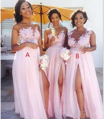 2020 Sexy sheer Jewel neck lace appliques maid of honor dresses split formal evening gowns wear Cheap Country blush pink bridesmaid dresses