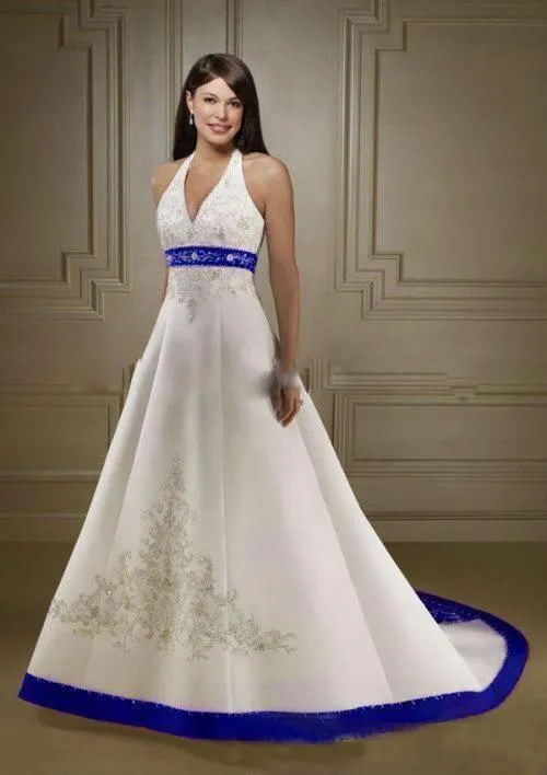 Custom Made Vintage White And Royal Blue Satin Beach Wedding Gown