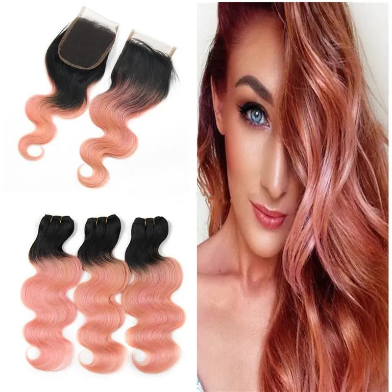 Rose Gold Human Hair Weaves With 4x4 Lace Stängning Två Tone 1B Rose Pink Body Wave Lace Closure med buntar European Virgin Hair