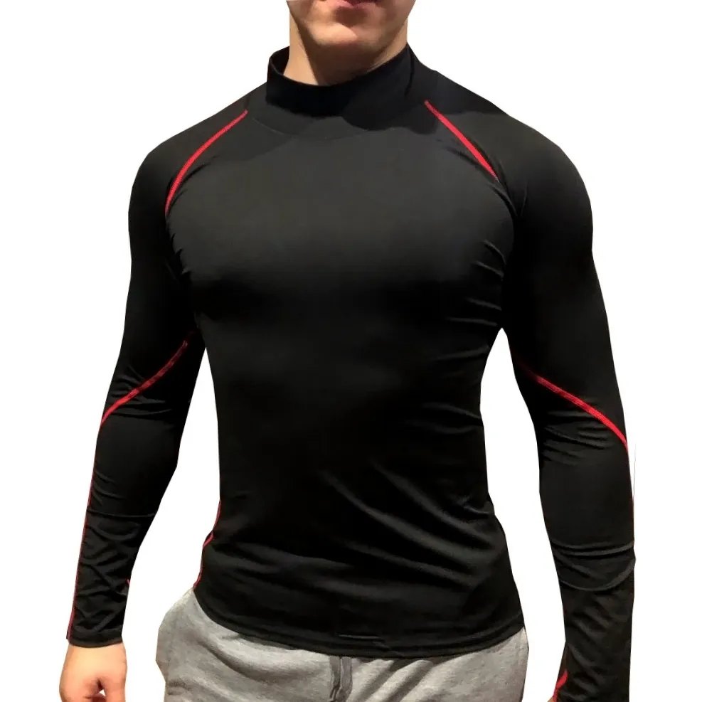 Men's T-Shirts Fitness Compression Shirt Men High Collar Solid Sport T-shirt Quick Dry Running Long Sleeve Top Gym T200518