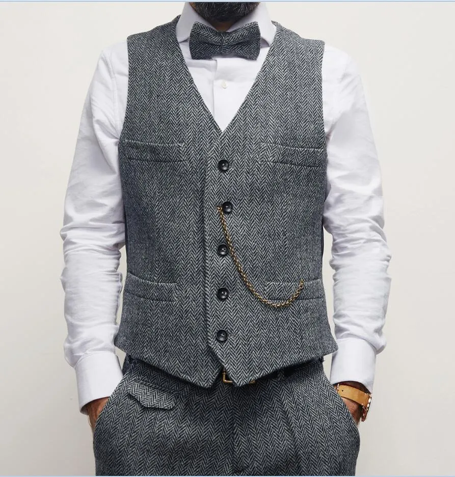 Fashion Grey Groom Kamizelki 2019 Wool męska Kamizelka Kamizelka Duży Herringbone Wedding Waistcoat Slim Fit Prom Vest Custom Made