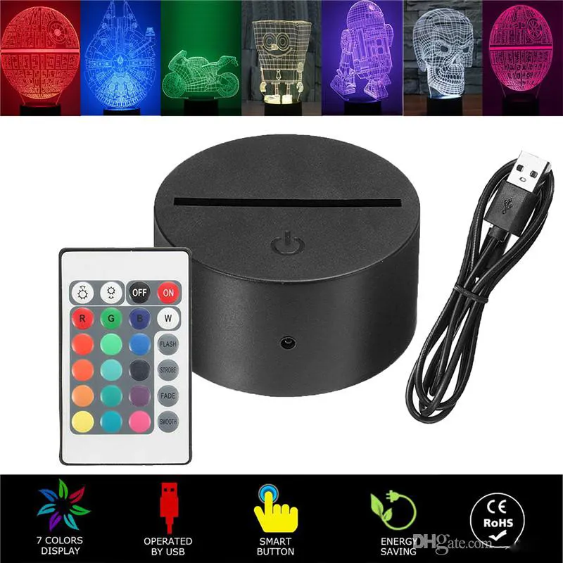 Base de lampe de lumière LED de nuit 3D, veilleuses d'illusion 3D LED, 7 couleurs changeantes pour chambre à coucher, chambre d'enfant, salon, magasin, café, bureau