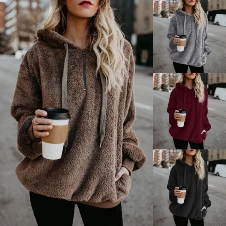 Womens Soft Hooded Hoodies Cashmere Blend Pullover Sweatshirts Damer Winter Loose Toppar Plus Storlek S-5XL Kvinnor Kläder