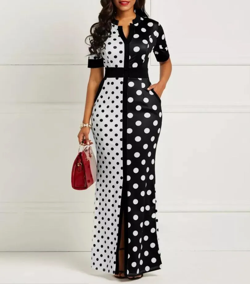 Evening Partido Mulheres Vestidos Vintage elegante Mulheres Polka Dot Vestido manga comprida V Neck Maxi vestido longo Vestidos Moda Feminina