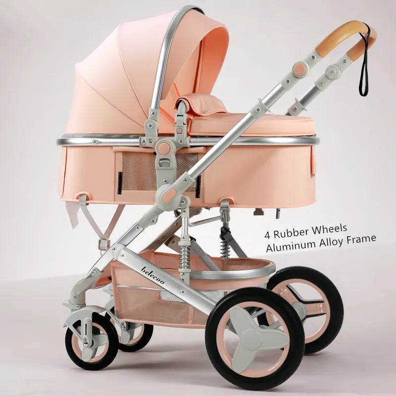 Коляски# Belecoo Легкая роскошная детская коляска 3 в 1 Портативный высокий пейзаж обратимой мама Pink Pram