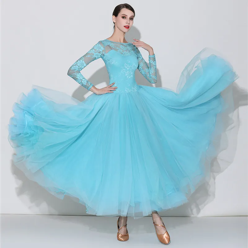 2019New Blue Pink Lace Långärmad Ballroom Dance Tävling Klänning Kvinnor Waltz Klänning Standard Modern Dance Performance Kostymer