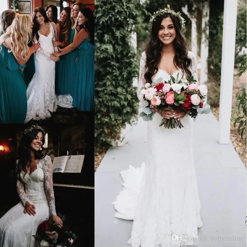 Урожай стиль страны Boho кружева русалка свадебные платья с длинными рукавами разведка поезда лесные свадебные платья свадебные платья Vestidos de Noiva