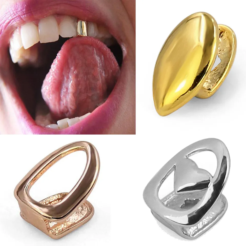 18K Real Gold Hollow Dientes individuales Grillz Braces Punk Hiphop Boca dental Fang Grills Tooth Cap Cosplay Disfraz Fiesta de Halloween Rapero Joyería corporal Regalo al por mayor